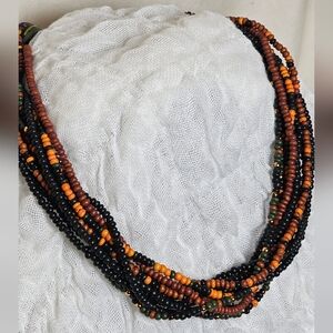 Vintage 18 inch wooden beaded necklace orange black fall 2 large tribal beads